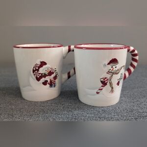 Pair of Harry and David Christmas Snowman Mugs with Striped Candy Cane H…